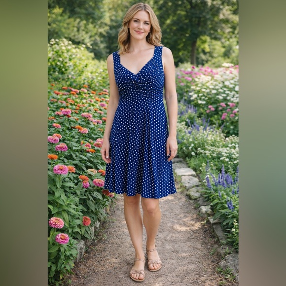 Papillon Blanc Dresses & Skirts - Papillon Sundress Navy White Polka Dot Sleeveless Ruched Stretch V Neck Sz L